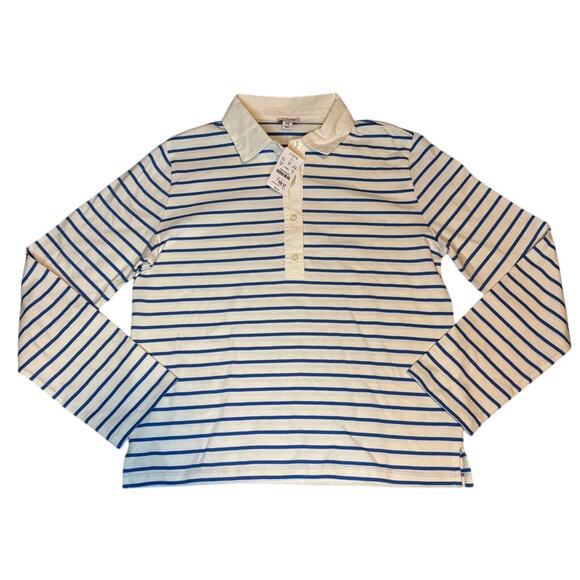 J.Crew XS Ivory Blue Stripe Collared Long Sleeve Polo Cotton Knit Top - Picture 2 of 6